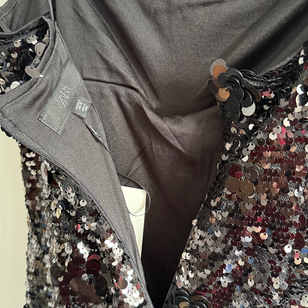 Zara Black Sequined Slip Dress with sequin flower detail Small - Picture 6 of 8